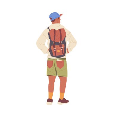 Sırt çantalı genç bir gezgin çizgi film karakteri beyazlar içinde yalnız başına ileriye bakıyor. Hippi turist spor kapüşonlu ve kısa şortlu seyahat macerası çiziminin keyfini çıkarıyor.