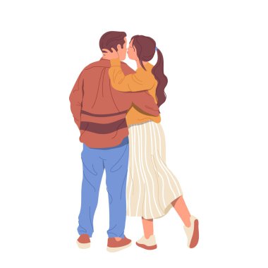 Sevgili erkek ve kadının öpüşmelerinin arka planında birbirlerine sarılıp tutkularını hissetmeleri. Romantik sevgililer Sevgililer Günü 'nün tadını çıkaran genç aşıklar izole edilmiş vektör çizimleriyle vakit geçiriyorlar.