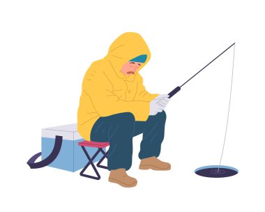 Uykucu gevşek balıkçı çizgi film karakteri, izole edilmiş bir vektör çizimine batırılmış olta kamışını bekliyor. Tatilde ya da haftasonunda maceraya atılmak