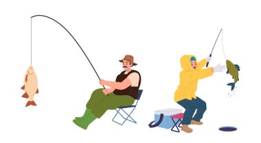 Yetişkin adam karikatür karakterini kışın ve yazın balık tutarken izole etti. Sandalye vektör illüstrasyonunda otururken balık yakaladı. Hafta sonu balıkçıların boş vakitleri ve hobileri.