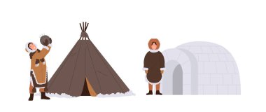 Eskimo aile evi, yanında milli kostüm giyen mutlu kadın çizgi film karakterleriyle dolu. Wigwam ve buzlu eskimo yurdu çizimleri. Kuzeyli insanlar yaşam ve kültür