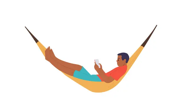 Relaxed man cartoon character reading book enjoying hobby lying in hammock spending time outdoors vector illustration isolated on white background. Leisure recreation, pastime in vacation concept