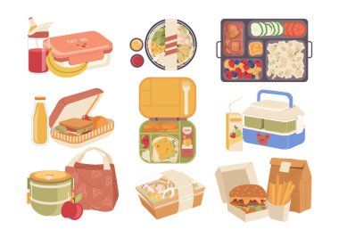 Okul beslenme çantaları, fast food konteynırları, paketlenmiş yiyecek ve içecekler, beyaza ayrılmış sağlıklı beslenme torbaları. Sandviç, hamburger, sebze ve meyve, meyve suyu ve komposto vektör illüstrasyonu