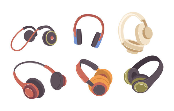 Различные беспроводные наушники аксессуары для музыкального слуха или игрового развлечения изолированы набор на белом фоне. Разнообразие персональных стерео-гарнитур для векторной иллюстрации звукового потока