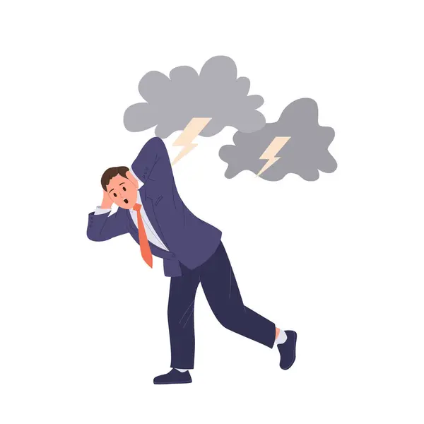Frightened Businessman Cartoon Character Fear Panic Suffering Thunderstorm Phobia Vector — Stock Vector