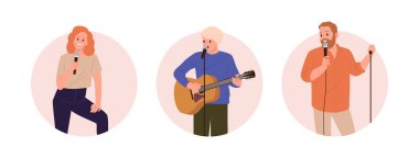 Sahneden espriler yapan stand-up komedyen çizgi film karakterleriyle izole edilmiş yuvarlak ikon kompozisyonu. Yetenek gösterisi sanatçıları komik şarkılar söylüyorlar, komik monolog vektör çizimleri sunuyorlar.