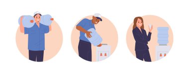 Su dağıtım servisi, teslimatçı ve ofis çalışanı çizgi film karakterleriyle çevrili yuvarlak kompozisyonu izole etti. Şişe saflaştırılmış mineral su siparişi ve ulaşım şirketi vektör çizimi