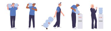 Erkek kurye karikatür karakteri üniformalı meşgul su teslimatı seti beyaz arka planda izole edildi. Teslimatçı plastik şişe taşıyor, ofis vektör illüstrasyonu için soğutucu yüklüyor