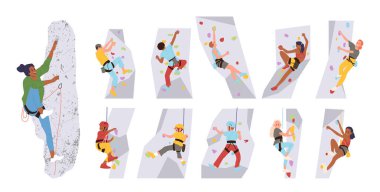 Erkek ve kadın çizgi film karakterleri kapalı spor salonundaki yapay taş duvar eğitimine tırmanıyorlar. Erkek ve bayan sporcu, aşırı spor aktivitesi vektör illüstrasyonunun keyfini çıkarıyor.