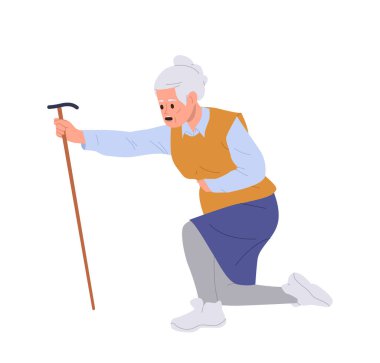 Yaşlı, emekli, çizgi film karakteri, baston gibi midesi ağrıyan, kalp krizi geçiren, dizlerinin üzerinde duran beyaz bir kadın. Sağlık ve yaşlıların dengesi ile ilgili sorun