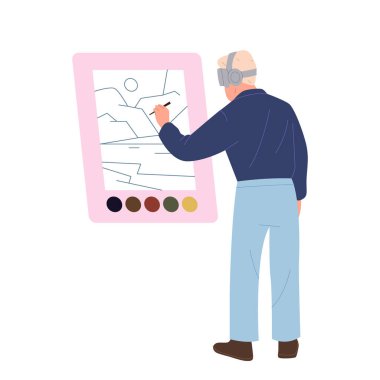 Sanal gerçeklik vektör çiziminde VR gözlük takan ve resim çizen erkek sanatçı karakteri beyaz arka planda izole edilmiş. Siber uzayda fütüristik sanat keyfi