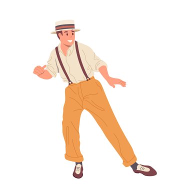 Genç, geçmişe dönük erkek çizgi film karakteri, beyaz arka planda izole edilmiş vektör çizimi. Müzik festivalinde ya da klasik diskotekte performans sergileyen etkileyici erkek üvey dansçı.