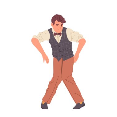 Beyaz arka planda izole edilmiş garip retro-stil erkek çizgi film karakteri dans ediyor göz kırpıyor. Neşeli, enerjik genç erkek dansçı gülümseme ve tatmin vektörü çizimi ile performans sergiliyor.