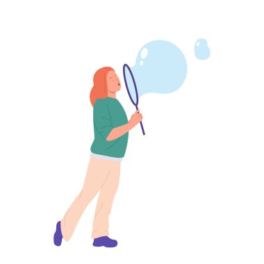 Genç kadın çizgi film karakteri sıvı sabun köpüğü üflüyor beyaz arka planda izole edilmiş köpük partisinin tadını çıkarıyor. Heyecanlı genç kız, boş zaman aktivite vektörü illüstrasyonunu heyecanlandırdığı için memnun.