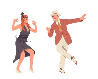 Gatsby parti eğlencesinde Charleston dansı yapan zarif geçmişe dönük beyefendi ve bayan çizgi film karakterleri beyazlar üzerinde izole edilmiş. Enerjik kanat kızı ve eski moda adam müzik vektörü illüstrasyonuna geçiyor