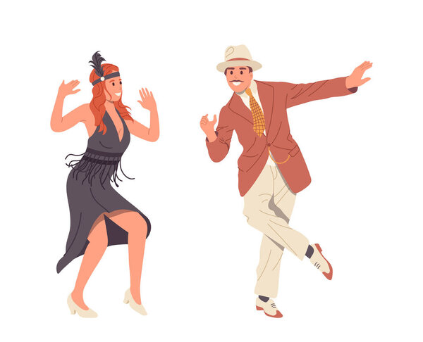 Elegant retro gentleman and lady cartoon characters dancing Charleston at Gatsby party entertainment isolated on white. Energetic flapper girl and old-fashion guy moving to music vector illustration