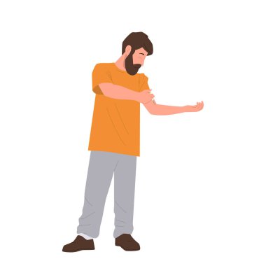 Yetişkin sakallı adam çizgi film karakteri beyaz arka planda kendine izole edilmiş düz vektör çizimi yapıyor. Adam şırıngayla ya da insülin iğnesiyle ilaç iğnesi yapıyor. Kişisel bakım ve yardım