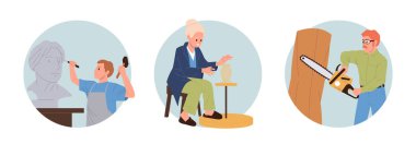 İnsanlar seramikleri, heykeltıraşları ve marangoz çizgi film karakterlerini yuvarlak kompozisyon setine koyarlar. Sanat stüdyosu, el sanatları atölyesi reklam vektör illüstrasyonu. Sanatçılık yaratıcılık, hobi ve meslek