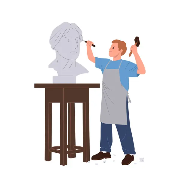 stock vector Young man sculptor cartoon character carefully carving sculpture with hammer and chisel isolated on white background. Craft people creative profession and hobby enjoyment vector illustration