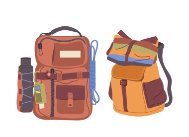 Günlük seyahat paketleri, kamp çantaları, hayatta kalma araçları beyaz üzerinde izole edilmiş keşif çantaları. Yürüyüşçüler ve tırmanışçılar için kişisel sırt çantaları macera vektör ilüstrasyonu