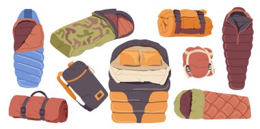 Rahat uyku tulumları, battaniye ve beyaz arka planda izole edilmiş turistler için yatak örtüsü. Yuvarlandı ve açıldı. Kamp yatağı açıldı. Macera çuvallarına dolduruldu.