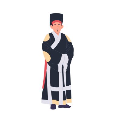 Geleneksel tunik ulusal kostüm ve beyaz arka planda duran şapka giyen yetişkin bir Çinli çizgi film karakteri. Etnik insanlar giysi, doğulu festival kıyafeti vektör illüstrasyonu