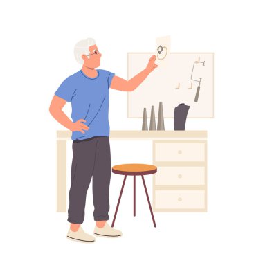 Olgun bir kuyumcu çizgi film karakteri mücevher koleksiyonu için değerli mücevherlerle altın yüzük yaratıyor. Erkek kuyumcu ustası düğün için lüks bir aksesuar yapıyor.