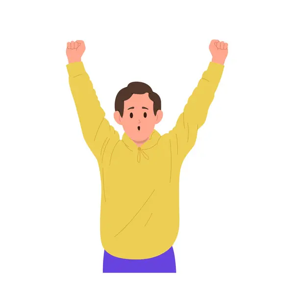 Active schoolboy child cartoon character screaming happily cheering rejoicing with raised hands up isolated on white. Optimistic excited male kid student feeling joyful emotion vector illustration