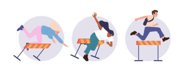 Karikatür karakterlerinin engellere takılıp düştüğü izole edilmiş yuvarlak kompozisyon. Başarıya ulaşmak için zorlu rekabetçi yarışlar, hedef vektör çizimleri.