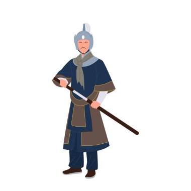 Amanushi Terracotta Ordusu 'nun eski Çinli savaşçı askeri. Kılıcı kılıfında tutan çelik zırh giymiş güçlü bir şövalye figürü.
