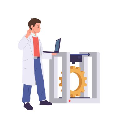 İnsan labaratuar mühendisi çizgi film karakteri, beyaz arkaplanda izole edilmiş 3d yazıcı vektör illüstrasyonuna teknik detay basıyor. Erkek kişi yedek parça dijital model prototipini bitiriyor