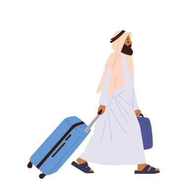 Arap adam göçmen karikatür karakteri. Taşra vektör illüstrasyonundan kaçan bavulla yürüyor. Orta Doğulu Müslüman erkek göçmen ikamet yerinden ayrılıyor