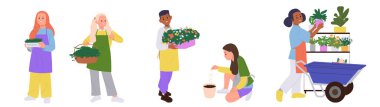 Çocuk bahçıvanlar çizgi film karakterlerini otlar, mikro yeşillikler ve ev çiçekleri yetiştirirken izole ettiler. Çocuklar ekim, bahçıvanlık, aile içi çiçekçilik, vektör illüstrasyonu. Ekoloji ev aktivitesi