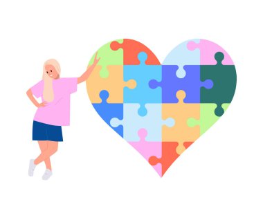 Genç kadın gönüllü karikatür karakteri büyük kalp şeklinde renkli yapboz parçaları desteğin, yardımın, sevginin, şefkatin ve beyaz arka planda izole edilmiş bir hayır kurumunun sembolü.