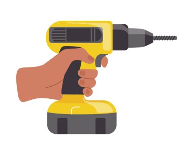 Beyaz zemin üzerinde izole edilmiş elektrikli matkap veya tamirci el vektör illüstrasyonunda elektrikli matkap inşaat aracı. Çizgi film ustası, elinde elle delme ve yüzeyde delikler açma aracı tutuyor.