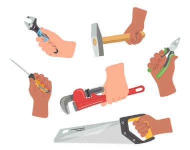 İzole çizgi film yapımcıları el ele tutuşuyorlar ve uluslararası işçi günü kavramına sahipler. İngiliz anahtarı, çekiç, ingiliz anahtarı, pense, beyaz arka planda vektör çizimi