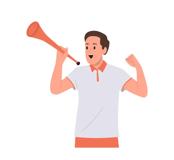 Positive Excited Man Football Fan Cartoon Character Blowing Vuvuzela Trumpet — Stock Vector