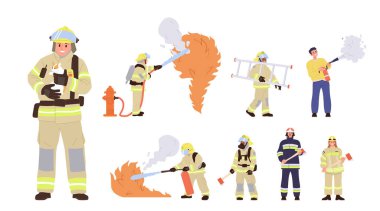 İtfaiyeciler çizgi film karakterleri iş yerinde koruyucu üniforma giyiyorlar beyaz arka planda büyük bir set. Profesyonel itfaiyeciler yangını söndürüyor hayvanları kurtarıyor ve insanlar vektör illüstrasyonla yaşıyor