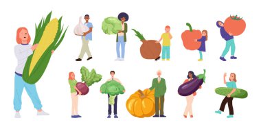 Farklı insanlar taze olgun sebzeli çizgi film karakterleri. Büyük set beyaz arka planda izole edilmiş. Erkek ve kadın müşteriler, kadın ve erkek sağlıklı organik gıda illüstrasyonunu seçiyor.