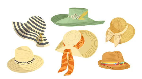 Elegante Verano Paja Sombreros Textiles Hembra Elegante Accesorio Aislado Conjunto — Vector de stock