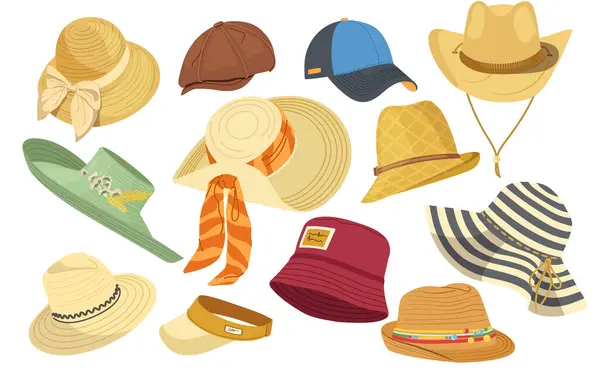Variedad Sombreros Femeninos Elegantes Accesorios Para Primavera Verano Aislado Conjunto — Vector de stock