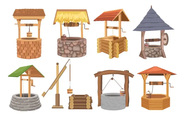 Drewniane Ceglane Skalne Kamienne Studnie Wiejskie Tradycyjna Kolekcja Wiejskiej Struktury — Wektor stockowy