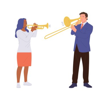 Yetenekli erkek ve kadın müzisyenler çizgi film karakterleri beyaz arka planda izole edilmiş farklı trompet müziği enstrümanı illüstrasyonları çalıyorlar. Woodwind müzik sınıfı veya konser performansı