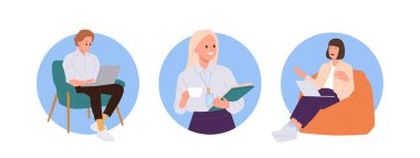 Başarılı iş arkadaşları, mutlu ofis çalışanları çizgi film karakterleri, kompozisyon seti. Yaratıcı çalışanlar, serbest çalışanlar, uzaktan personel vektör çizimi. İş eşzamanlı çalışma alanı paylaşımı