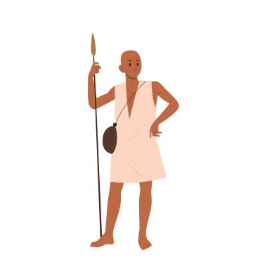 Eski Afrikalı savaşçı vektör çizimi. Yerli kabile askeri ya da yerli avcı çizgi film karakteri. Beyaz arka planda su izole edilmiş mızrak ve matara taşıyan geleneksel bir elbise giyiyor.