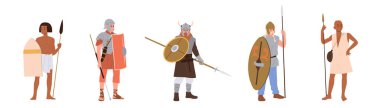 Eski savaşçı çizgi film karakterleri beyaz arka planda geleneksel silahları ve kalkanları tutuyorlar. Efsanevi Mısırlı, Romalı, Afrikalı askerler ve Viking düz vektör çizimi