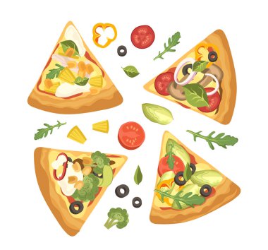 Lezzetli İtalyan pizza dilimleri içeren karikatür kompozisyonu farklı malzemelerle doluydu. Geleneksel fast food mutfağı, lezzetli öğle yemeği menüsü vektör çizimi