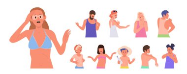 Yetişkin insanlar ve çocuklar, beyaz arka planda izole edilmiş güneşte yanmış ciltlerle ilgili sorunları olan çizgi film karakterleri. Erkek, kadın ve çocuklar ultraviyole zarar görmüş vücut vektörü çiziminden muzdarip.