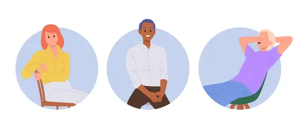 Diferentes Personajes Dibujos Animados Personas Sonrientes Felices Sentados Silla Aislado — Vector de stock