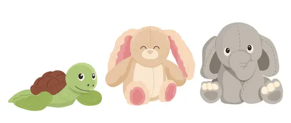 可爱的卡通龟 大象填充动物毛绒玩具宝宝玩具设置分娩假期孤立的白色背景 可爱的纺织品绒毛玩具的有趣系列矢量插图 — 图库矢量图片